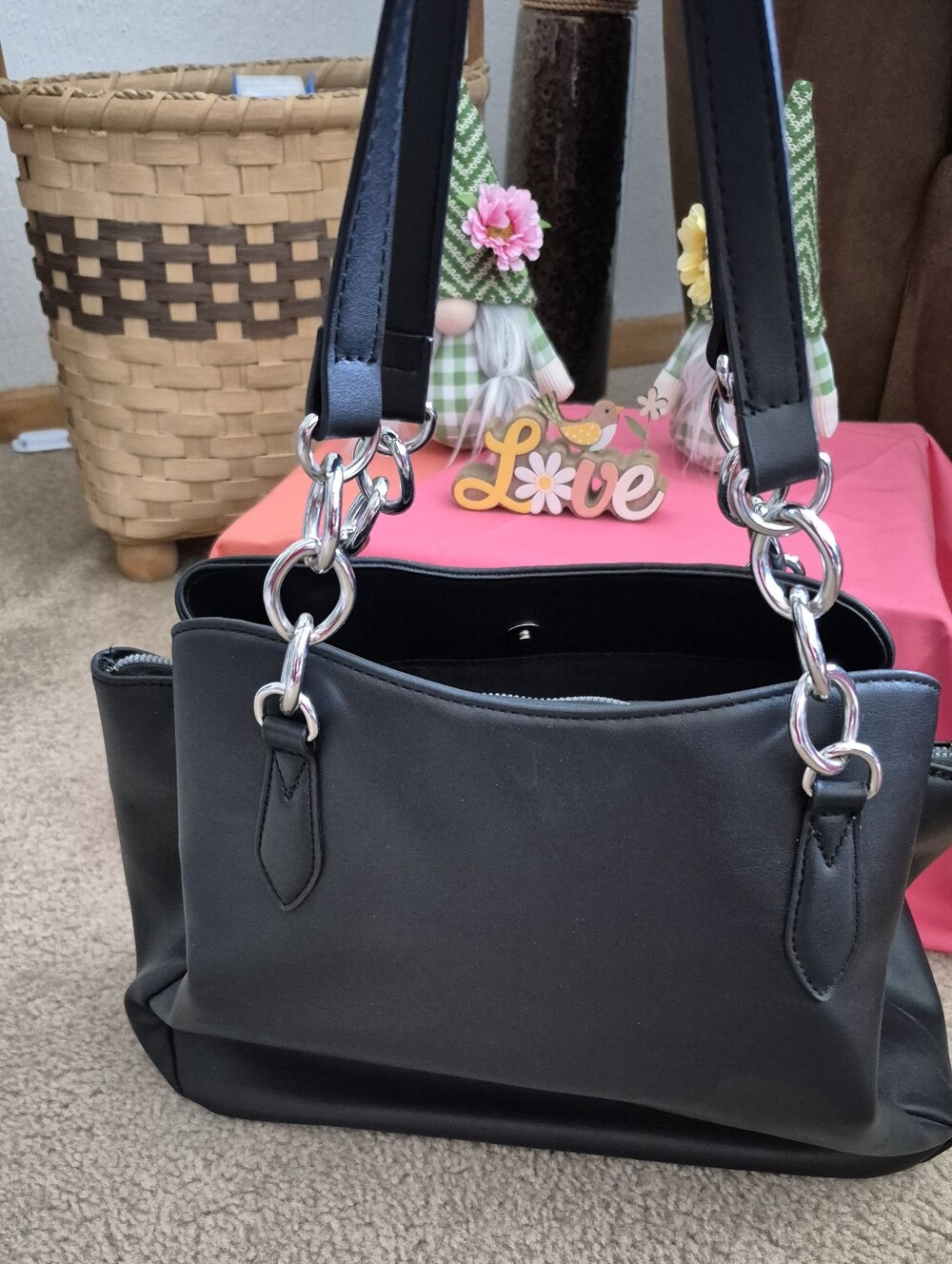 Nine West Black Tote with Silver Chain Links. VERY GOOD USED CONDITION - Picture 3 of 9